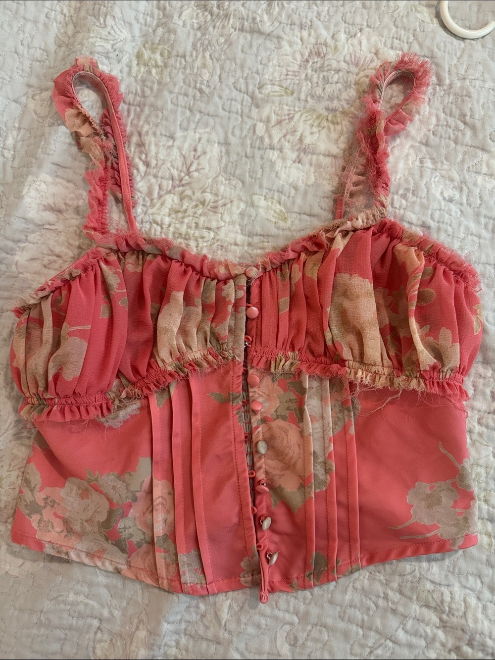 Kimchi Blue Coral Pink Floral Cropped Bustier Tank
